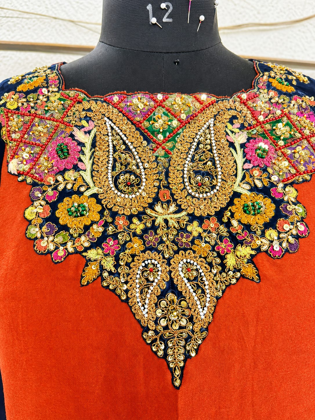 Blue-rust three panel suit with salwar