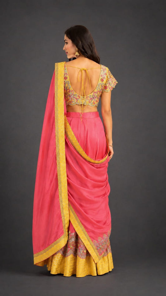 Vibrant Pink & Yellow Lehenga Saree