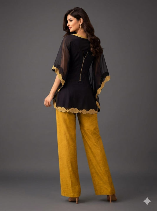 Black short organza cape with bool work & wired corset & self jaquard golden pant