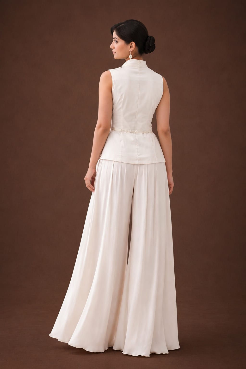 Off white long jacket with cutdana & satin box pleats plazzo