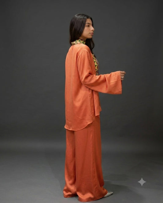 Orange Madhubani Print Modal Satin Fusion Co-Ord Set