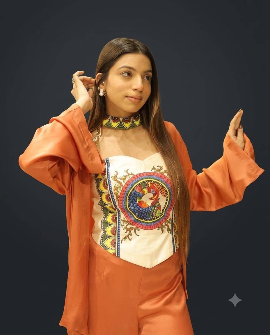 Orange Madhubani Print Modal Satin Fusion Co-Ord Set
