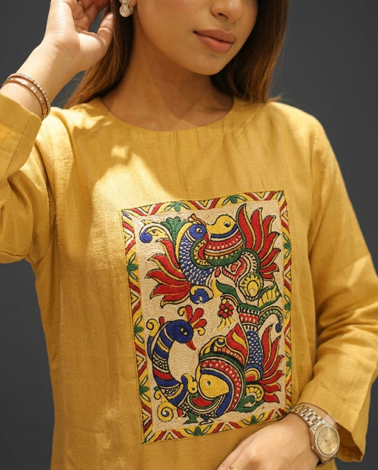 Camel Madhubani Print Modal Satin And Crush Tissue Co Ord Set