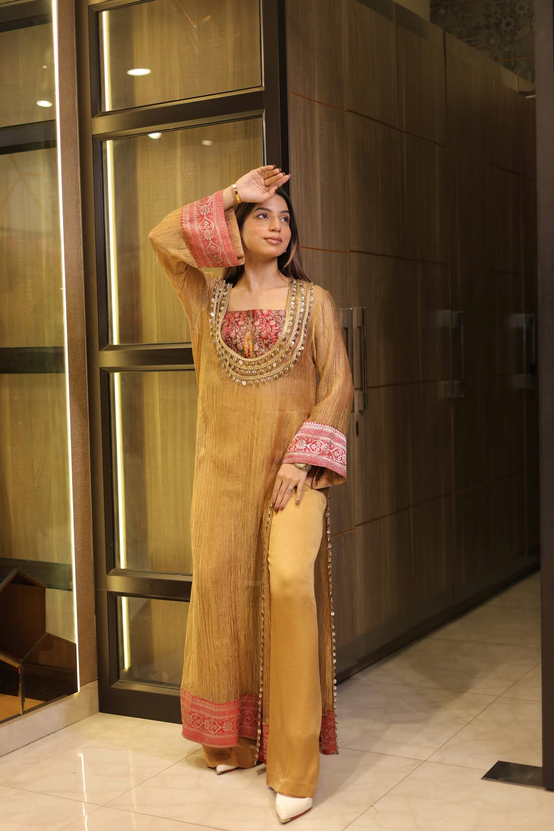 Designer Golden Tissue Indo-Western Set with Coin Lace Work