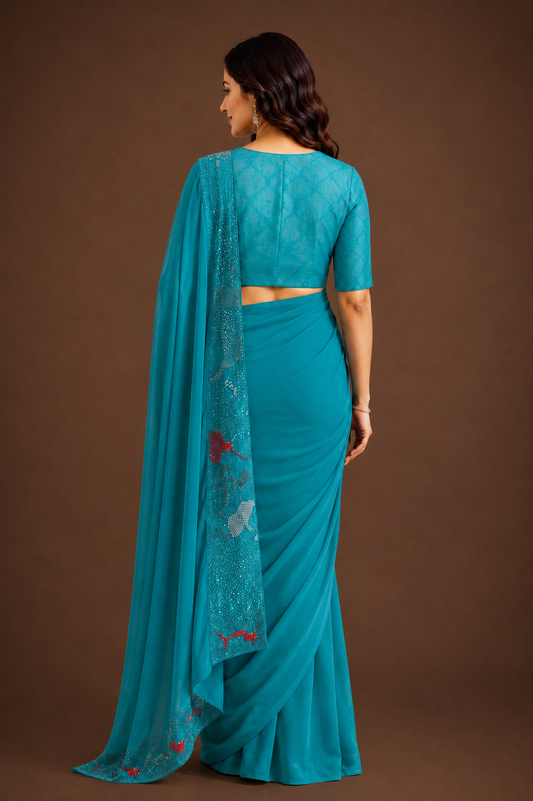 Sea Green Silk Saree with Intricate Border Beadwork and Floral Accents