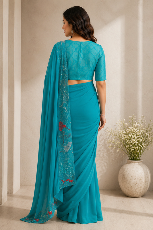 Sea Green Silk Saree with Intricate Border Beadwork and Floral Accents