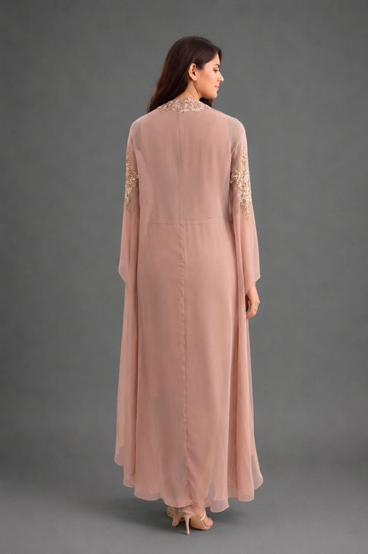 Beige 3 pc indowestern cape on long hangings with cowl drape skirt and bustier