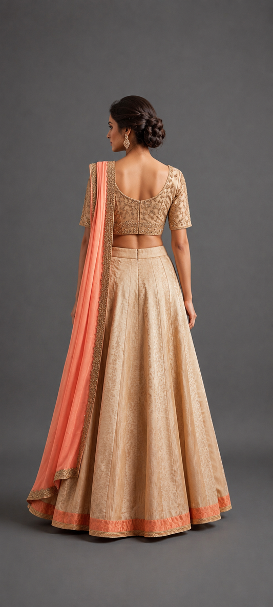 Beige and peach drape saree with heavy zardozi work