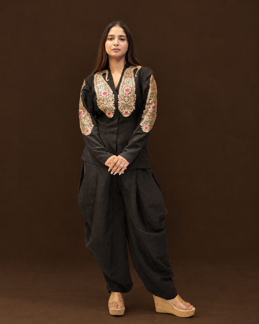 Black Indowestern Dress Set With Brocade Jacket And Dhoti Pants