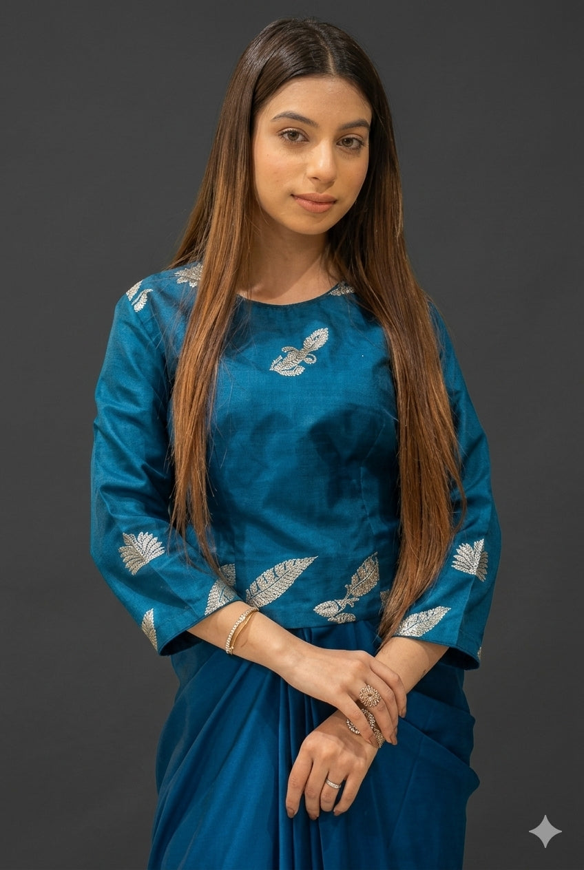 Teal Blue Brocade and Crepe Draped Fusion Outfit