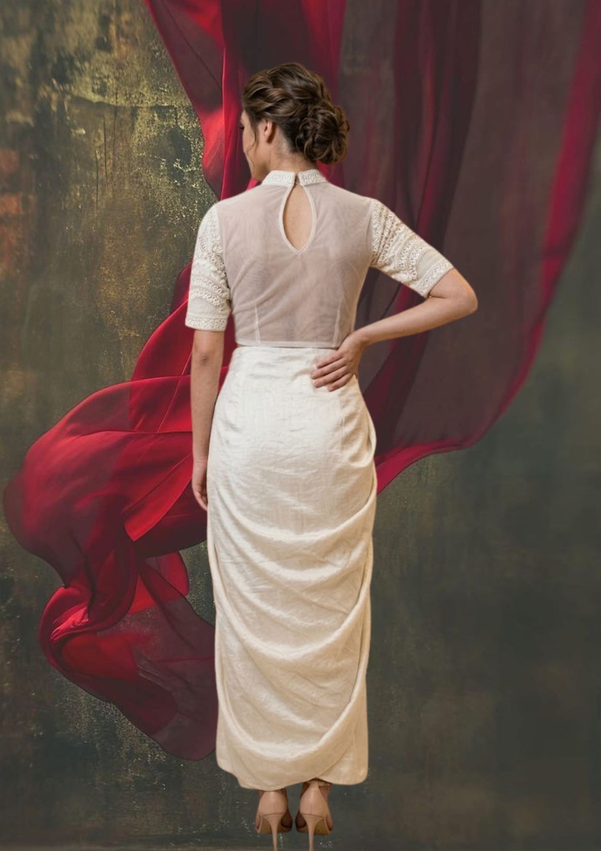 Elegant ivory-white ensemble with a soft, refined finish and subtle woven floral texture.