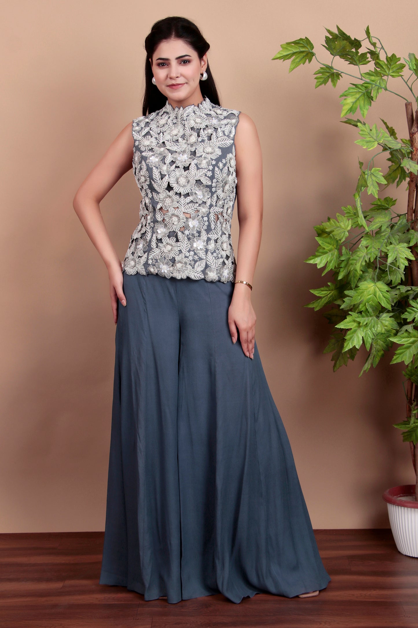 Modern Grey Indo-Western Palazzo Set with Hand-Embroidered Floral Top