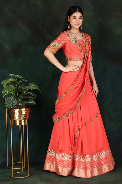 Carrot Lehenga Saree with Attached Drape Pallu and Layered Skirt