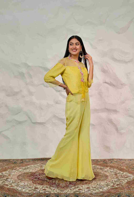 Yellow 2 Pc Indowestern With Sequence Jacket