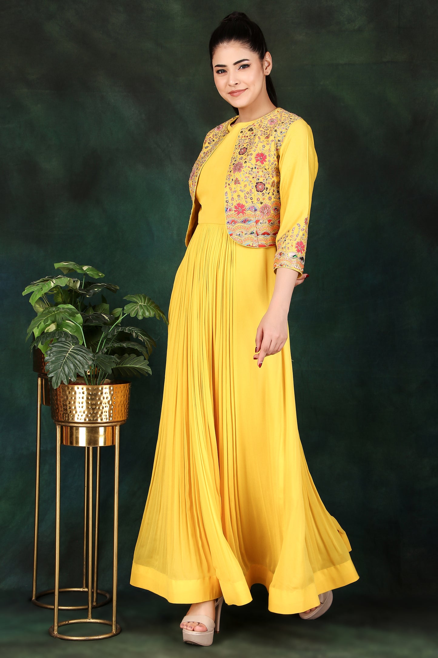 Yellow Georgette Anarkali Suit with Thread Dori And Sequin Work Jacket