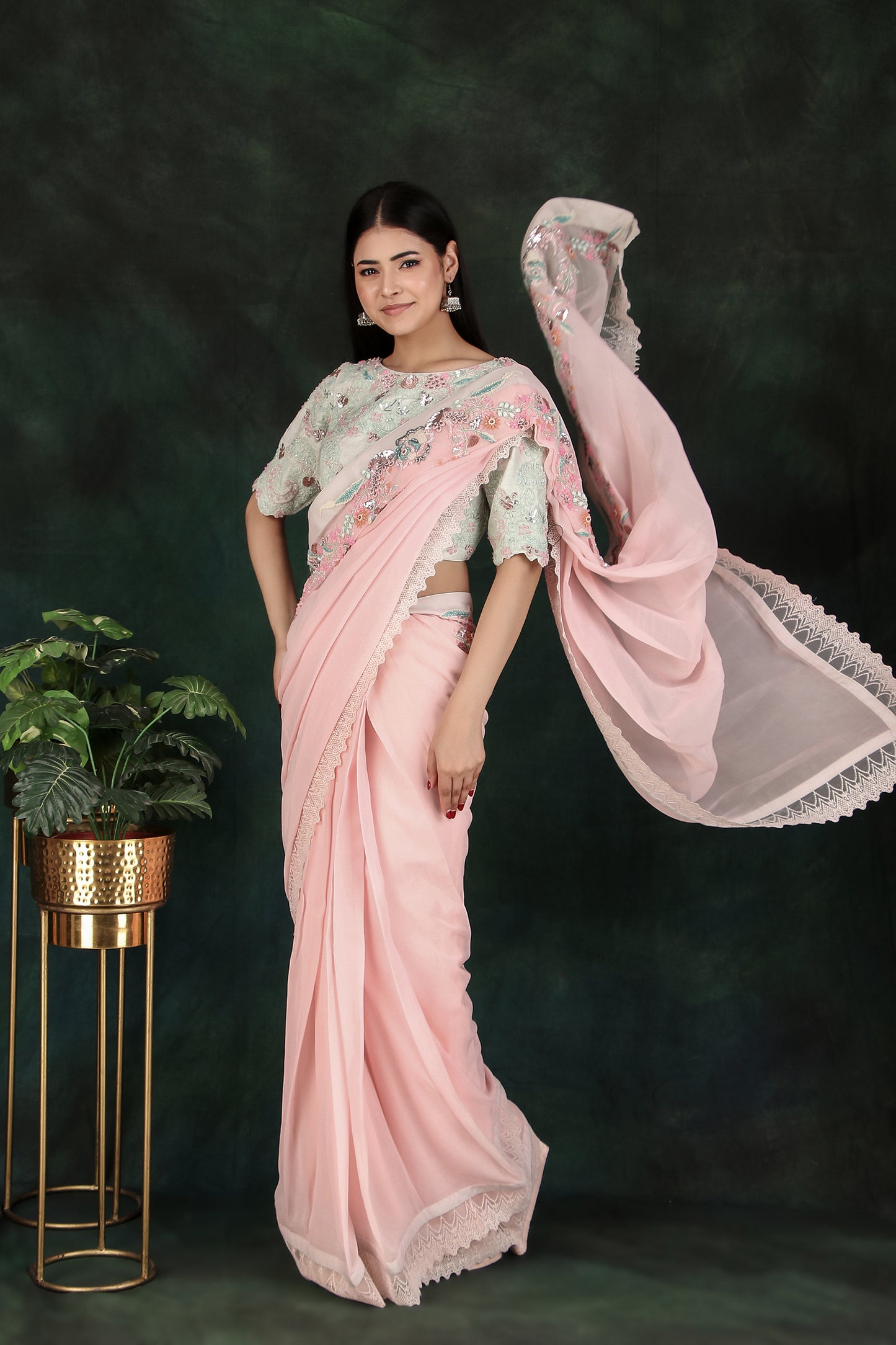 Festive Pink Saree With Detailed Pallu And Full Zaal Handwork Aqua Contrast Blouse