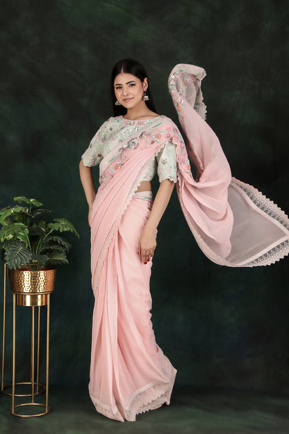 Festive Pink Saree With Detailed Pallu And Full Zaal Handwork Aqua Contrast Blouse