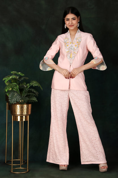 Pink Jaal Net Palazzo Indo-Western Set with Sequin Embellished Collar Jacket