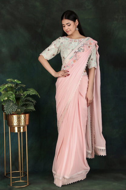 Festive Pink Saree With Detailed Pallu And Full Zaal Handwork Aqua Contrast Blouse