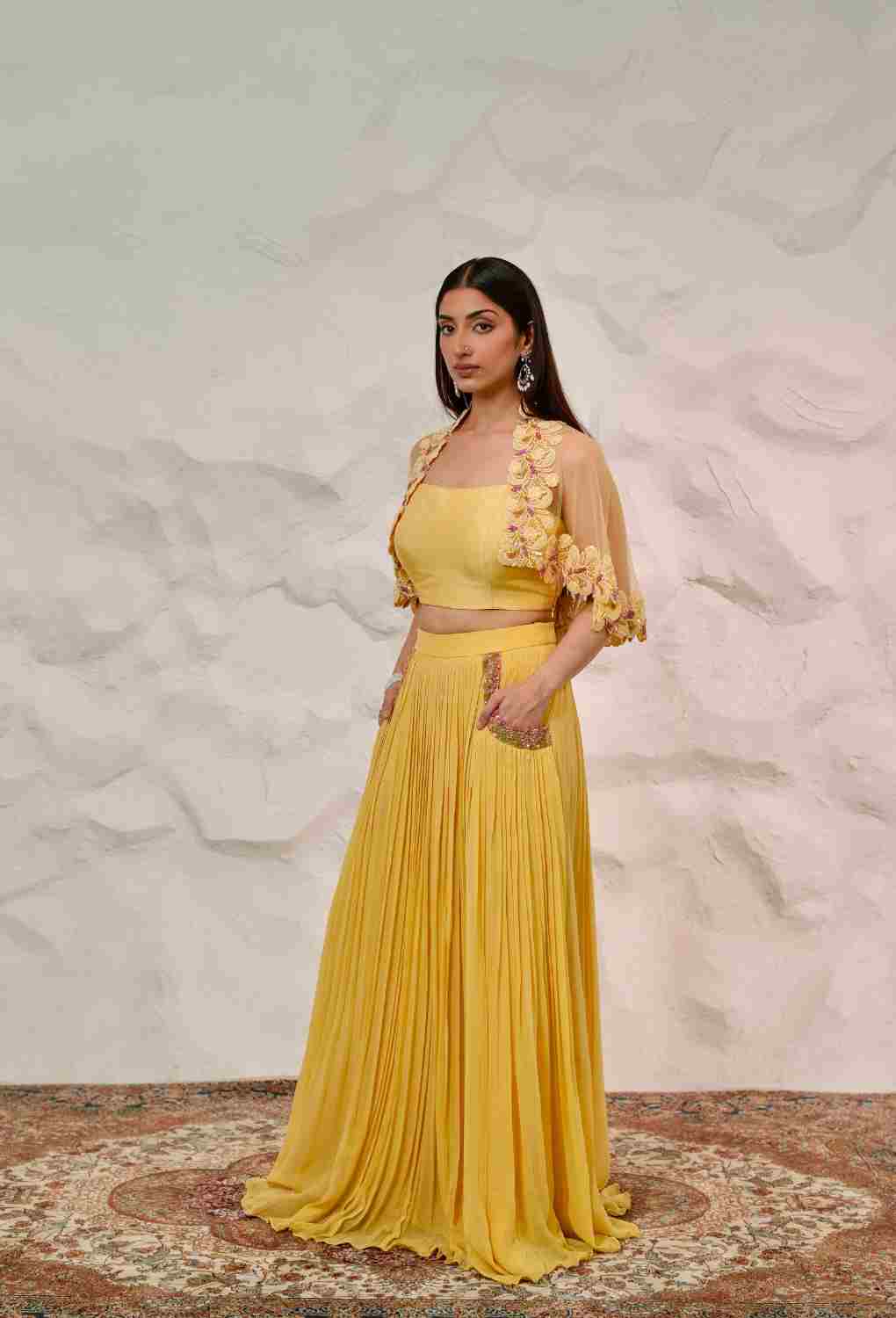 Yellow 3 PC Set With Pocket Skirt