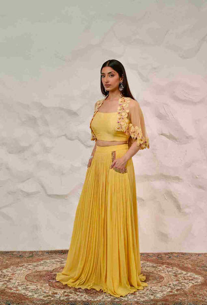Yellow 3 PC Set With Pocket Skirt