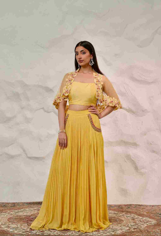 Yellow 3 PC Set With Pocket Skirt