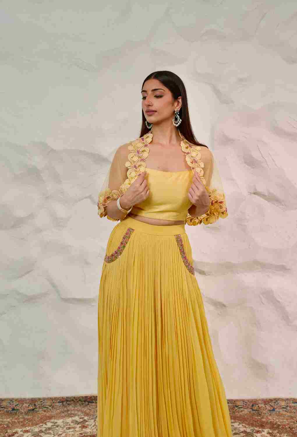 Yellow 3 PC Set With Pocket Skirt