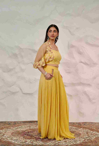 Yellow 3 PC Set With Pocket Skirt