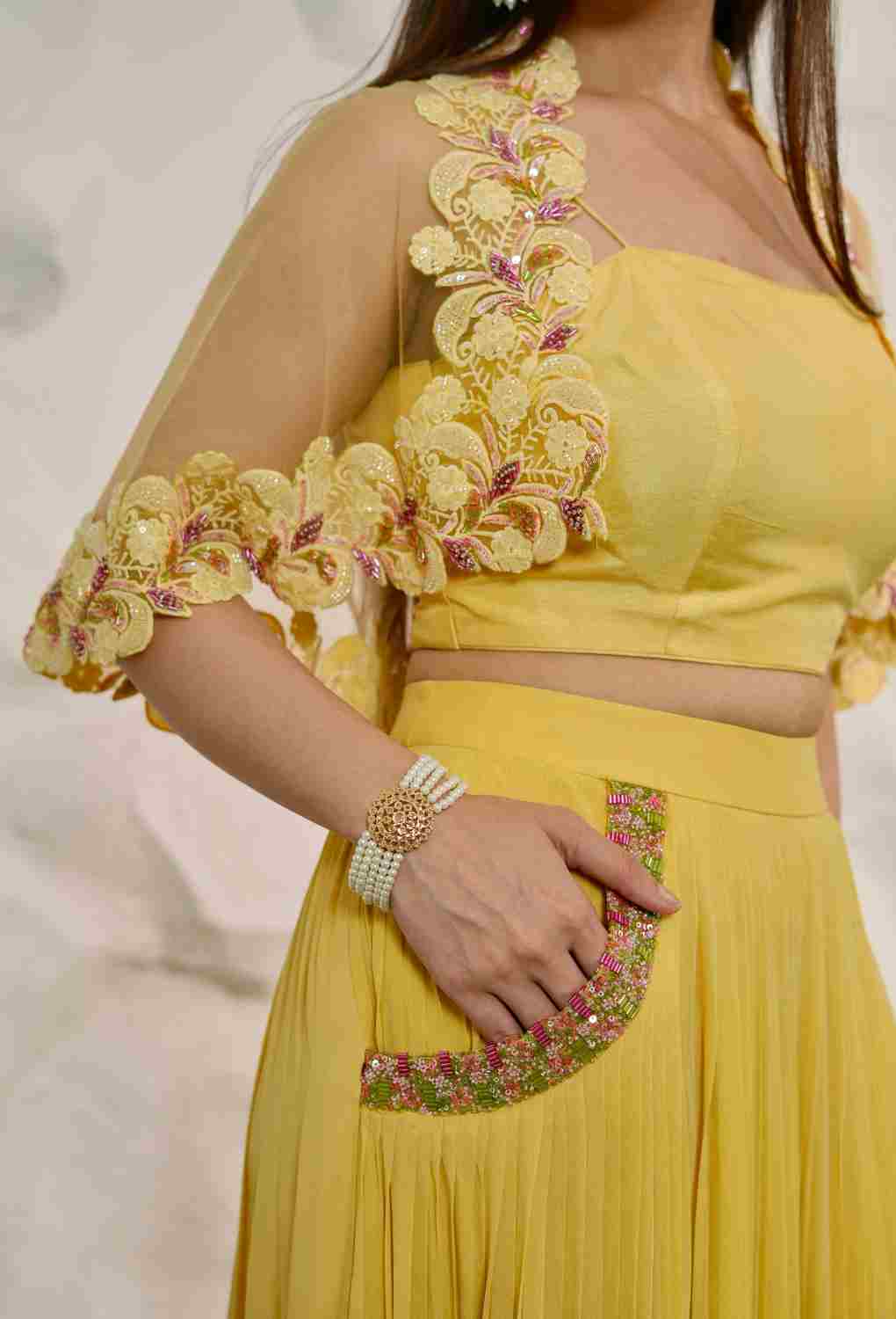 Yellow 3 PC Set With Pocket Skirt