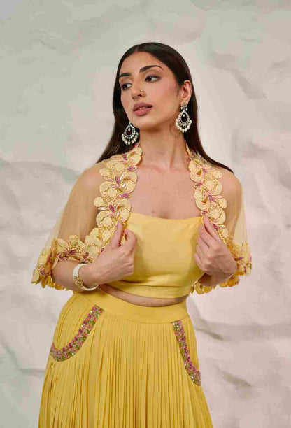 Yellow 3 PC Set With Pocket Skirt