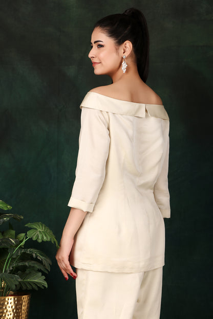 Festive Cream Off-Shoulder Palazzo Set with Silver and Gold Cutdana Detailing
