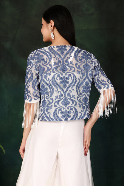 3 Piece Indo Western Set with Dupion Corset Organza Palazzo And Pearl Sequin Jacket