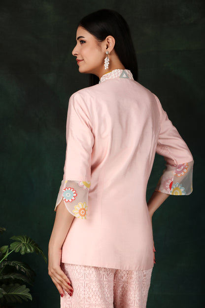 Pink Jaal Net Palazzo Indo-Western Set with Sequin Embellished Collar Jacket