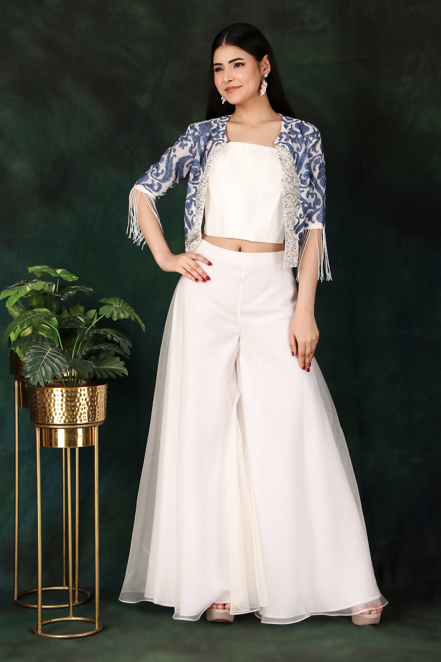 3 Piece Indo Western Set with Dupion Corset Organza Palazzo And Pearl Sequin Jacket