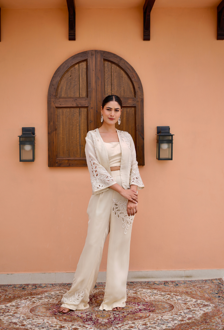 Off White Cutwork Jacket 3 Pc Indowestern