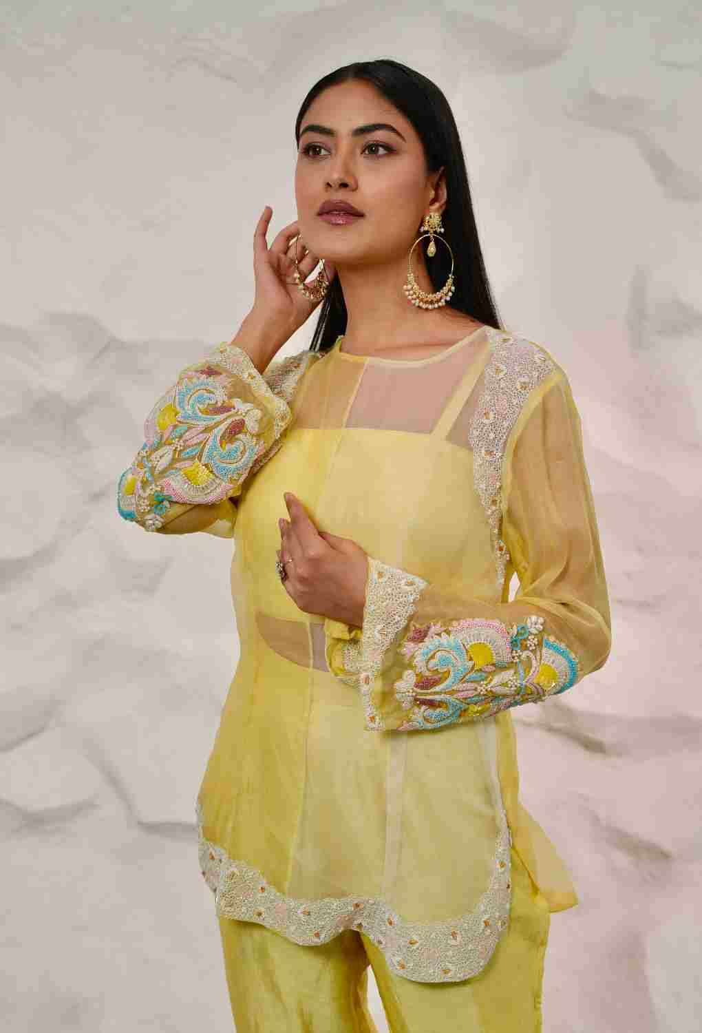 Yellow & Off White 3 pc Indowestern With Organza Kurta