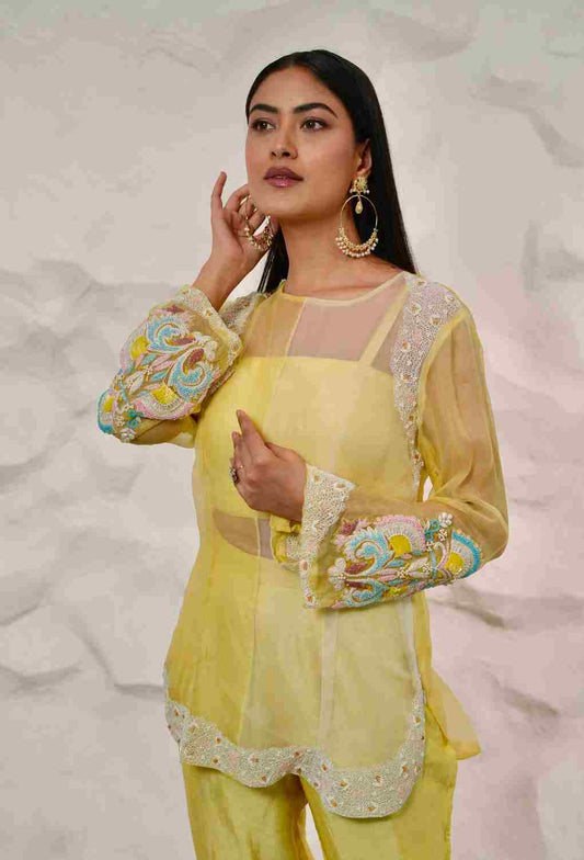 Yellow & Off White 3 pc Indowestern With Organza Kurta