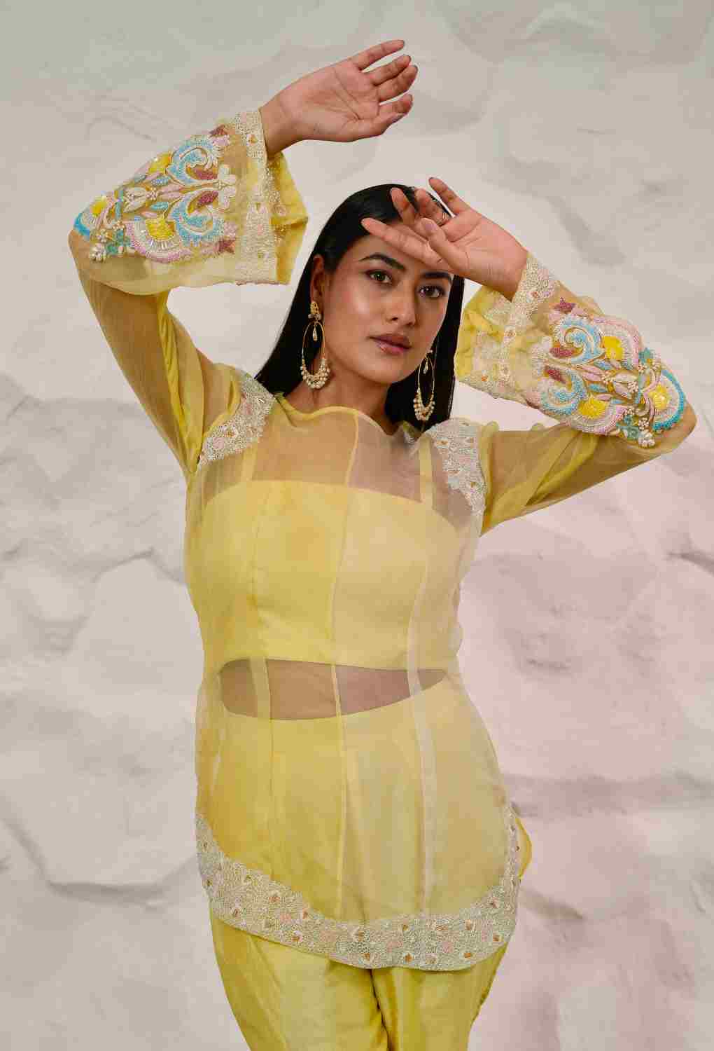 Yellow & Off White 3 pc Indowestern With Organza Kurta