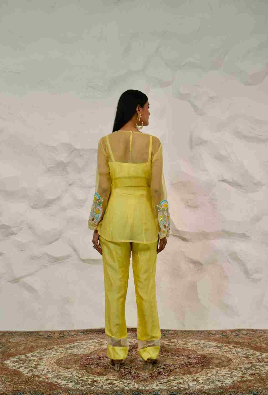 Yellow & Off White 3 pc Indowestern With Organza Kurta