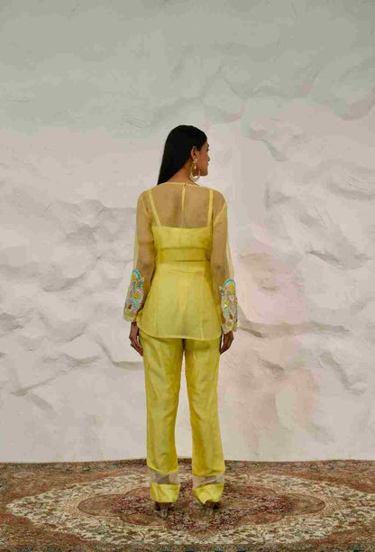 Yellow & Off White 3 pc Indowestern With Organza Kurta