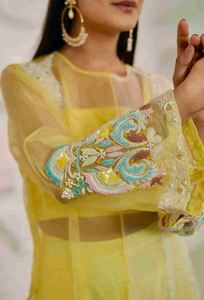 Yellow & Off White 3 pc Indowestern With Organza Kurta