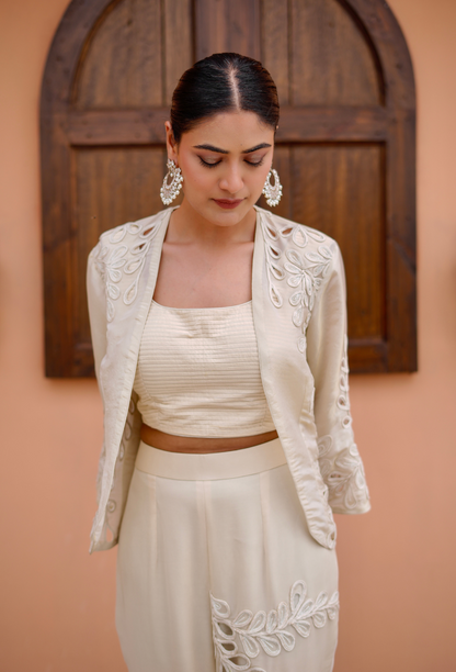 Off White Cutwork Jacket 3 Pc Indowestern