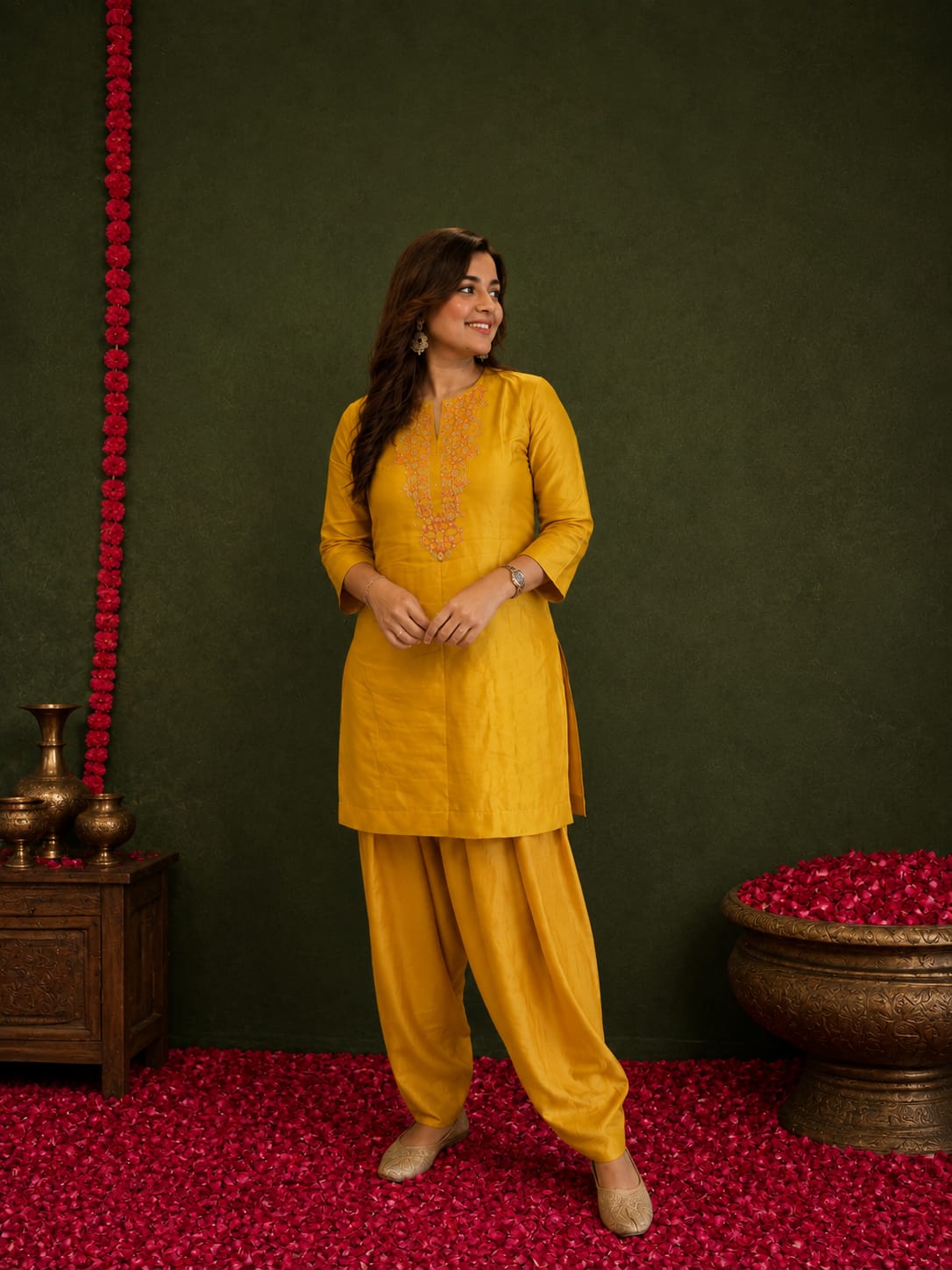 Mustard-yellow traditional Indian kurta set
