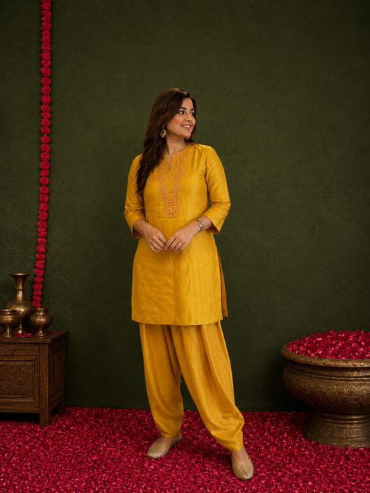Mustard-yellow short straight kurta with farshi salwar