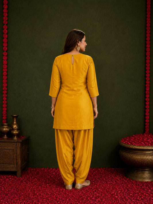 Mustard-yellow short straight kurta with farshi salwar