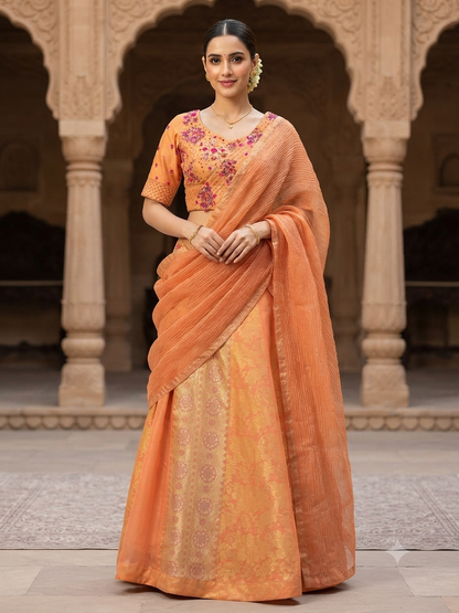 PEACH ORANGE LEHANGA SAREE