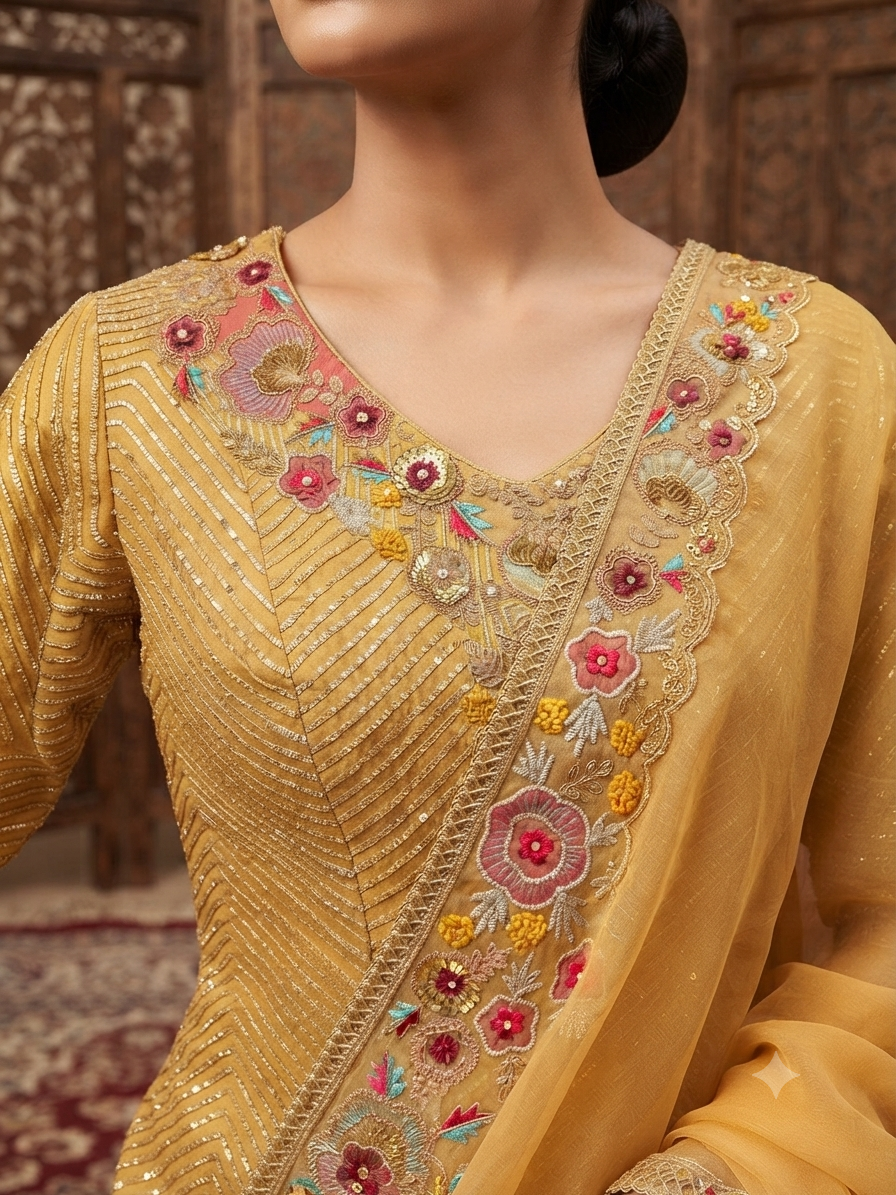 Mustard-gold/yellow lehenga saree with a subtle textured and lustrous finish throughout.