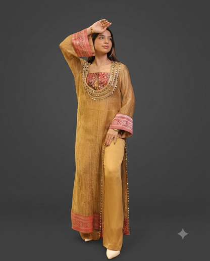 Designer Golden Tissue Indo-Western Set with Coin Lace Work