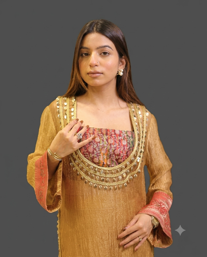 Designer Golden Tissue Indo-Western Set with Coin Lace Work