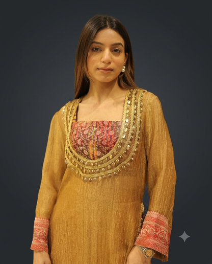 Designer Golden Tissue Indo-Western Set with Coin Lace Work